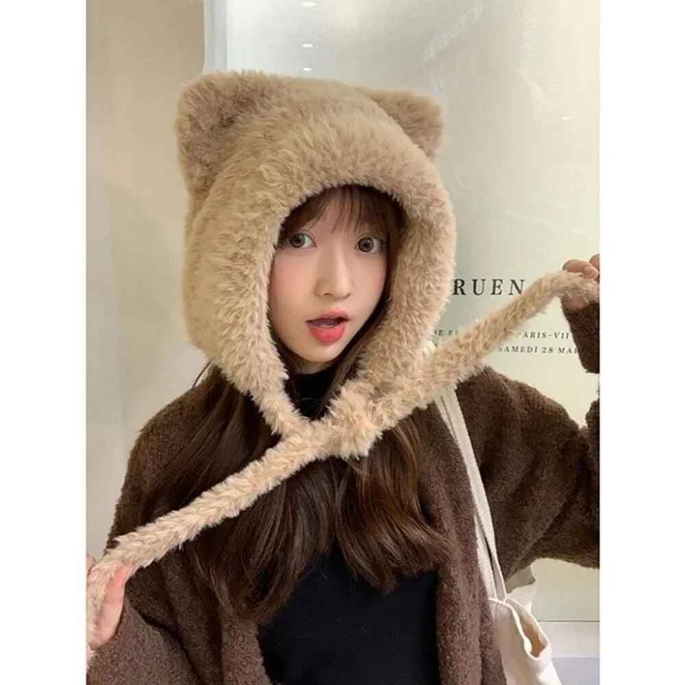 Women Khaki Winter Beanie Hats Knit Ear Flaps Cute Stuffed Bear Ears Fleece